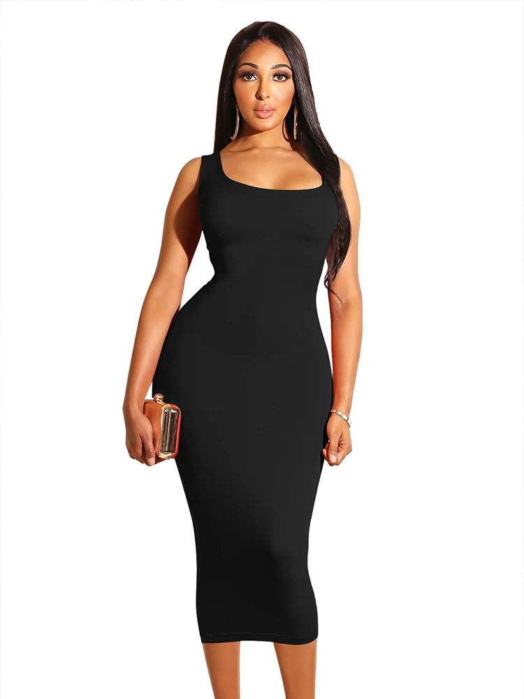 Summer Casual Sexy Square Neck Sleeveless Women's  Midi Dresses Comfortable Adjustable Strap Midi Dress