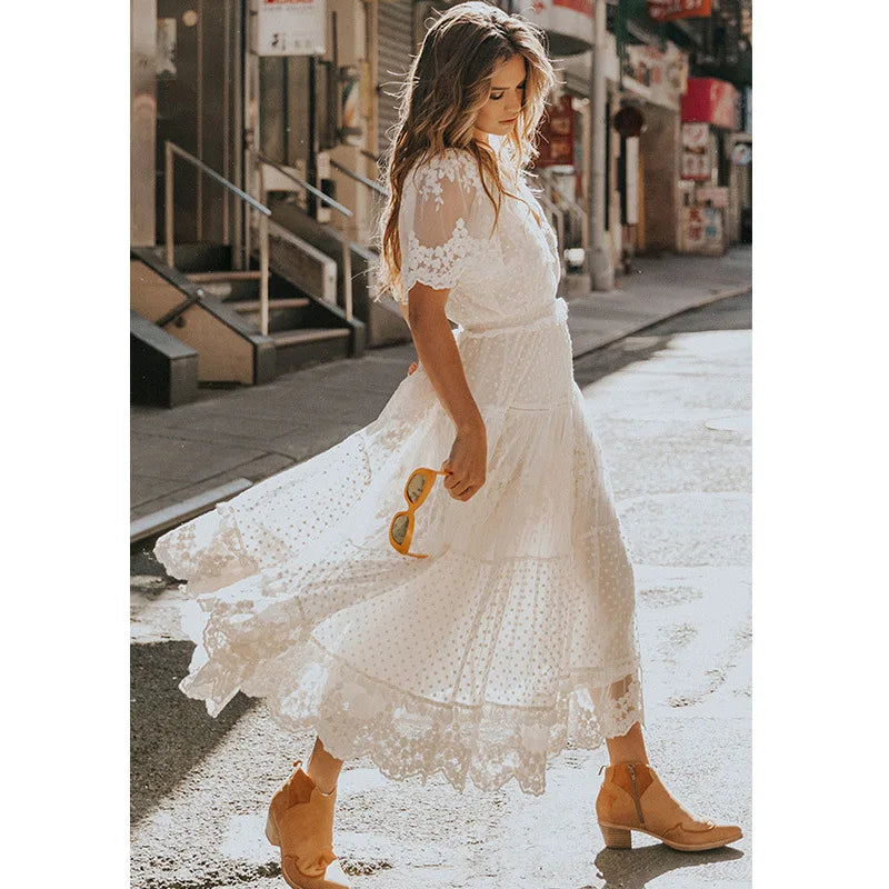 Summer White Elegant Casual Streetwear Midi Dresses Cozy Wide Strap Midi Dress