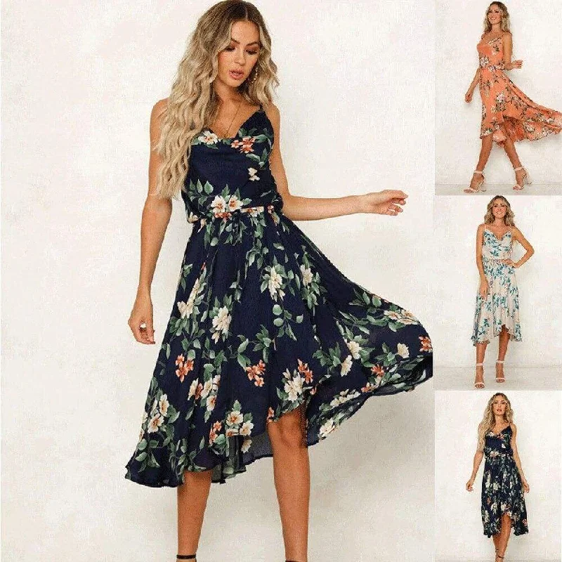 FashionSierra - Summer Women Boho Sleeveless Loose Midi Dress Fashion Floral Evening Party Beach Dress Holiday Beach Sundress Fashionable Wide Leg Midi Dress