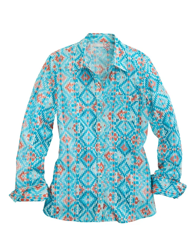 Tin Haul Womens Aztec Print Turquoise 100% Cotton L/S Shirt Comfortable Fit Short Shirt