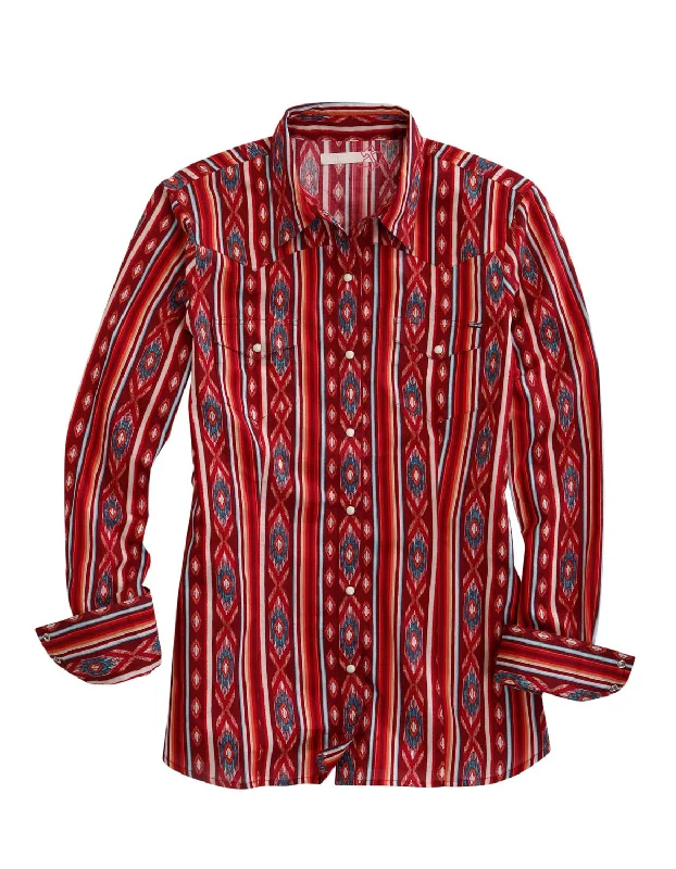 Tin Haul Womens Aztec Stripe Red 100% Cotton L/S Shirt Fashionable Tied Short Sleeve