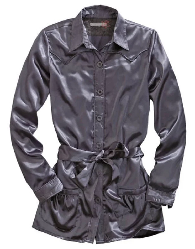 Tin Haul Womens Gray Polyester L/S Belted Tunic Satin Shirt Relaxed Fit Short Blouse