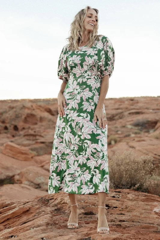 Tucson Midi Dress | Green + Pink Elegant Maxi-Midi Hybrid Dress