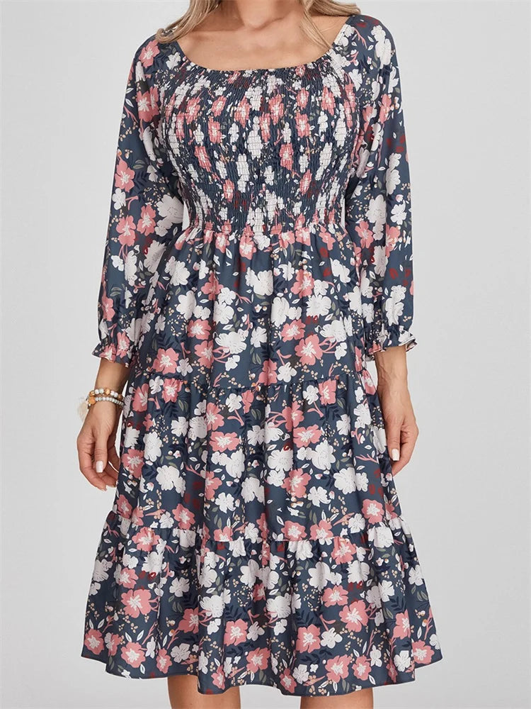 Vintage Bohemian Floral Print Long Sleeve High Waist A-Line Midi Dress Fashionable Polka Dot Midi Dress