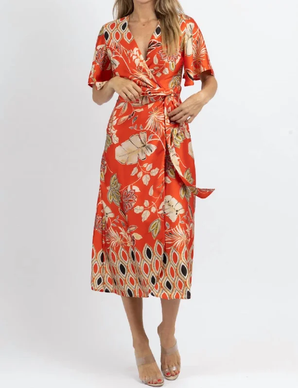 Waikiki Wrapped Satin Midi Dress In Orange/multi Fashionable High-Low Midi Dress