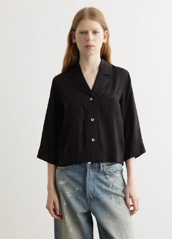 Washed Satin Shirt Trendy Print Short Sleeve