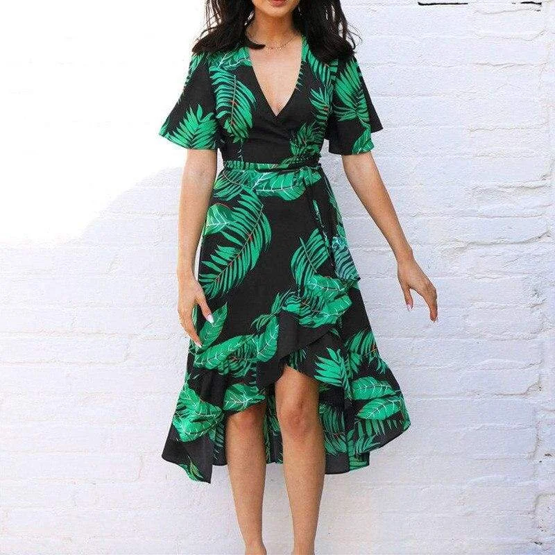 FashionSierra - Women Boho Floral Ruffled Midi Dress Fashion Ladies Summer Beach Holiday Party Spilt Dress Sundress Fashionable Off-Shoulder Dress Midi