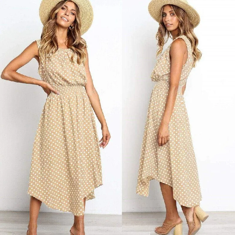 FashionSierra - Women Boho Sleeveless Midi Dress Polka Dot Fashion Summer Party High Waist O-Neck Holiday Beach Dress Sundress Comfortable Ruched Midi Dress