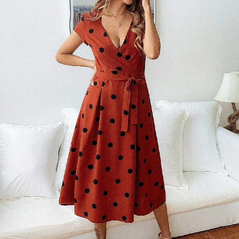 FashionSierra - Women Polka Dot Midi Dress Fashion Ladies Boho Short Sleeve V Neck Summer Beach Party Casual Long Sundress Elegant Puff Sleeve Midi Dress