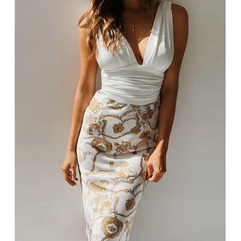 FashionSierra - Women's Sexy Deep V Neck Ruched Floral Patch Midi Dress 2019 Fashion Ladies Sleeveless Bodycon Evening Party Pencil Dress Comfortable Wrap Midi Dress