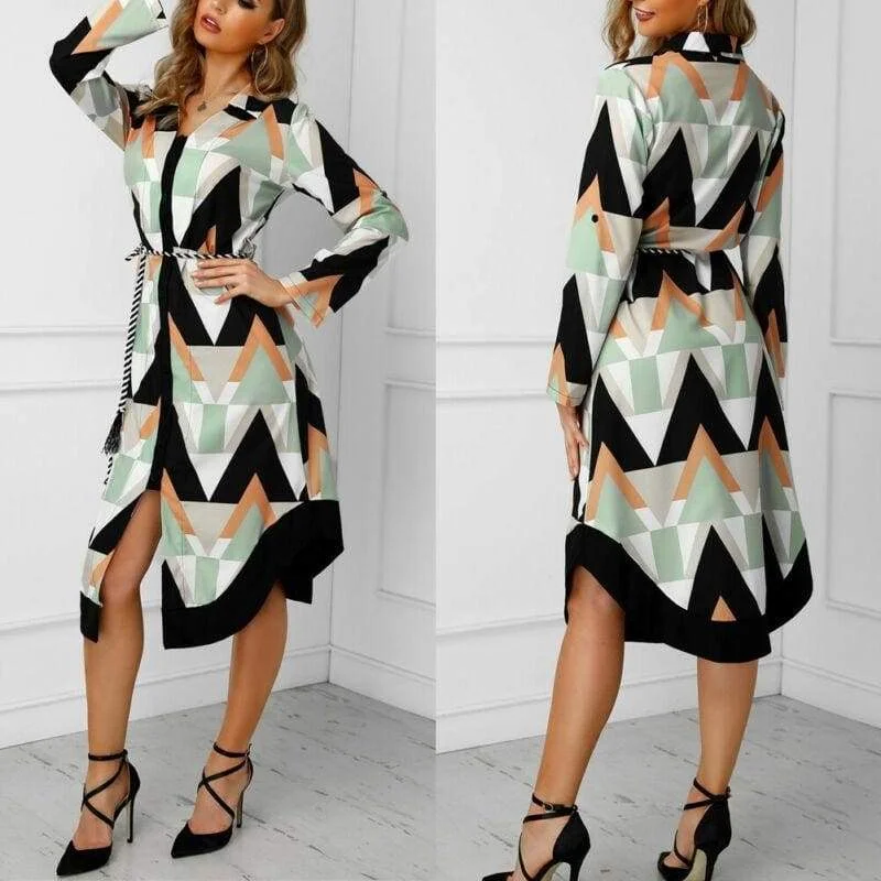 FashionSierra - Women Sexy Summer Dress Boho Long Sleeve V-neck Casual Tunic Midi Dress Evening Party Beach Dress Sundress Trendy A-Line Midi Dress