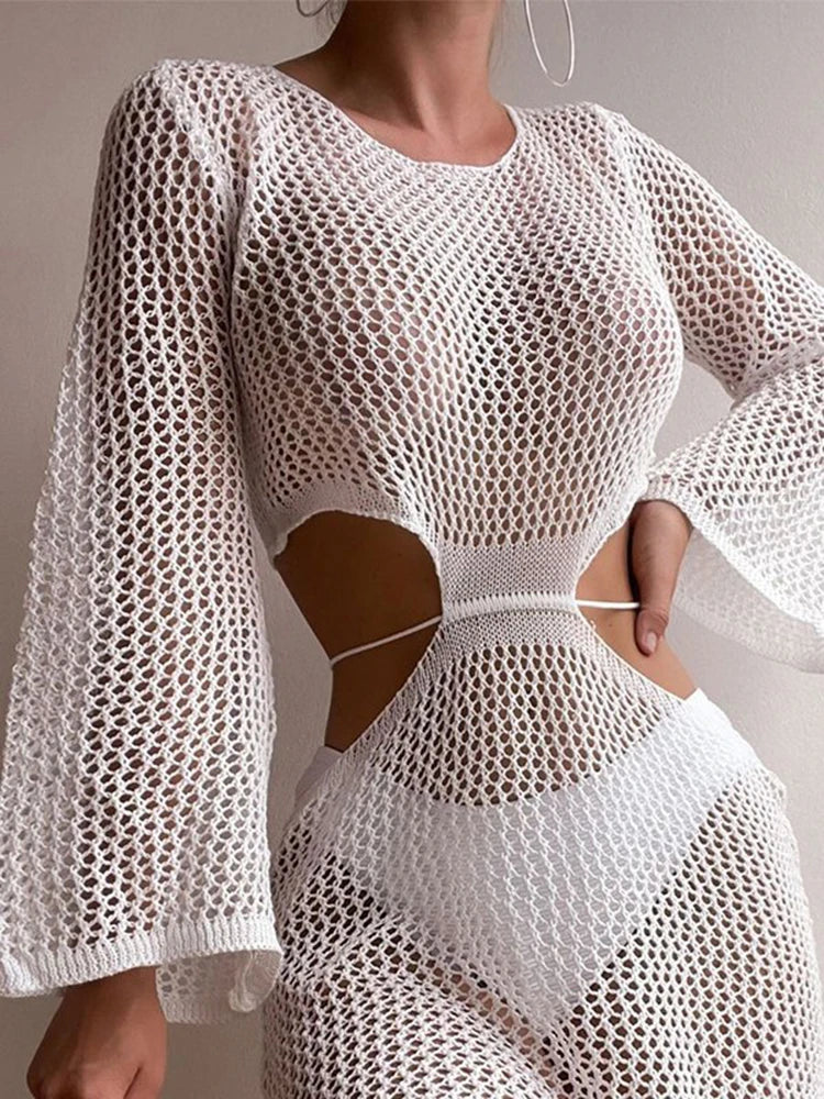 Women Sexy White Cutout Long Cover Up Midi Dresses Classic Black Midi Dress