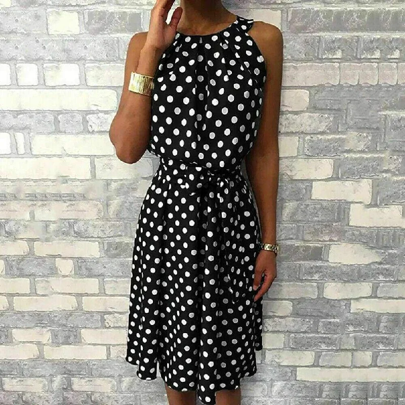 FashionSierra - Women Sleeveless Polka Dot Midi Dress 2019 Fashion Ladies Summer Beach Casual Bandage Belt Dress Sundress Elegant Pleated Sleeve Midi Dress