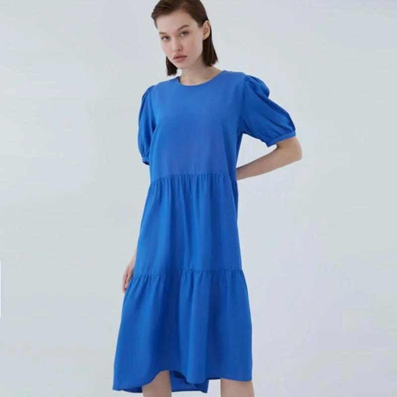 FashionSierra - Women Vintage Ruffled loose Midi Dress Stylish Pleated Skirt Midi Dress