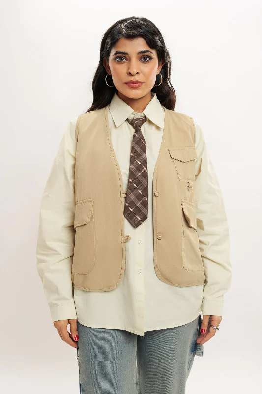 Brown Vested Shirt With Tie Trendy Short Sleeve Tunic