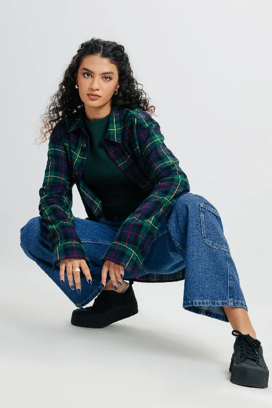 Dark Green Plaid Shirt Classic Solid Short Shirt