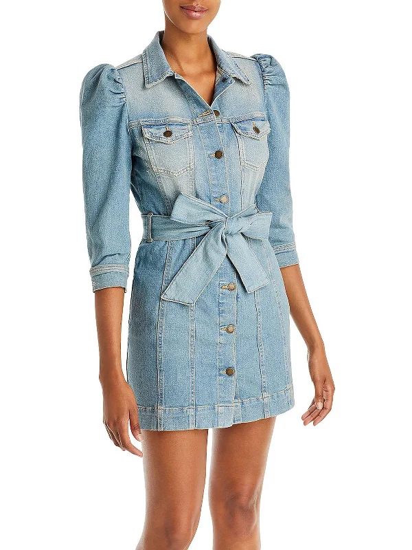 Womens Denim Above Knee Mini Dress Trendy Lace Mini Dress