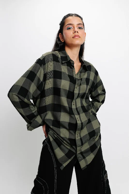 Olive Green Checkered Viscose Blend Shirt Soft Cotton Short Shirt