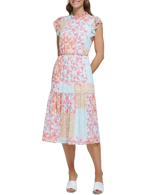 Womens Floral Tiered Midi Dress Trendy Midi Dress with Belt