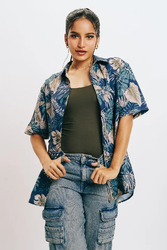 Women's Leaves Print Shirt Relaxed Fit Short Sleeve Top