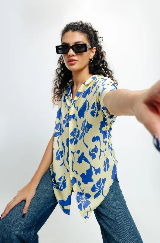 Blue Print Viscose Shirt Fashionable Draped Short Sleeve