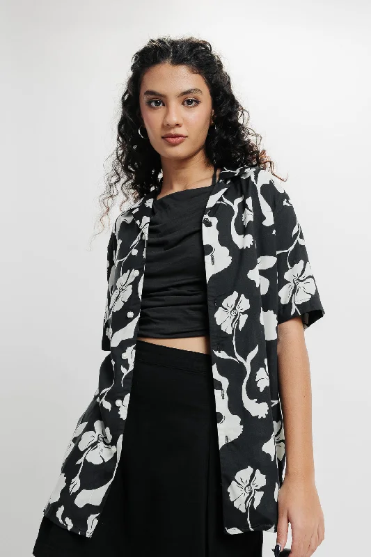 Black Printed Shirt Modern Short Sleeve Top