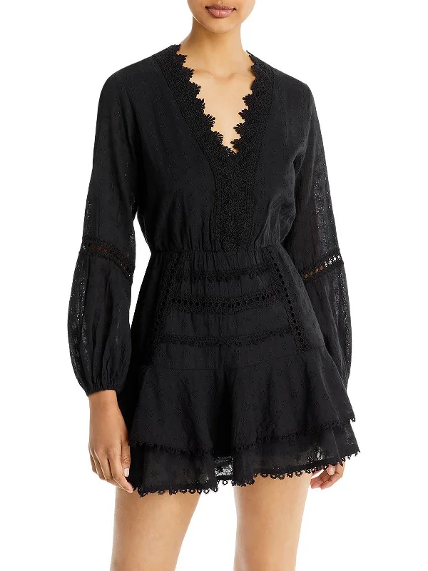 Womens V-Neck Short Mini Dress Chic Puff Sleeve Mini Dress