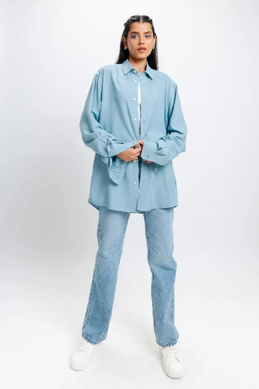 Washed Blue Shirt Elegant High-Low Short Shirt