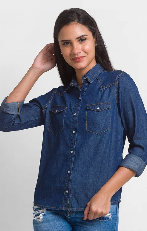 Spykar Mid Blue Cotton Full Sleeve Denim Shirts For Women Stylish Round Neck Shirt