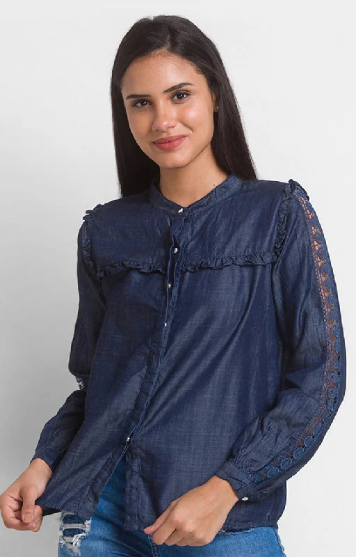 Spykar Mid Blue Cotton Full Sleeve Denim Shirts For Women Fashionable Button-Front Short Sleeve