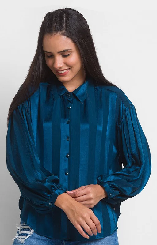 Spykar Teal Polyester Full Sleeve Stripes Shirt For Women Classic Denim Short Sleeve