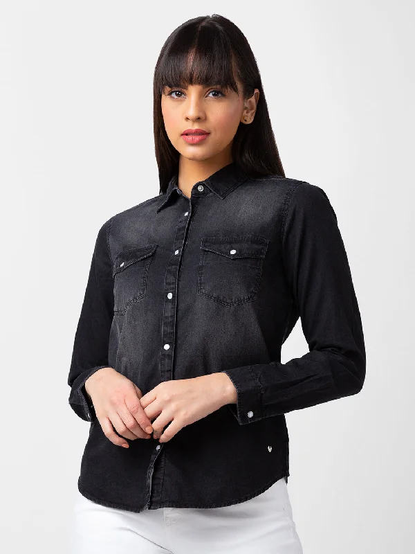 Spykar Women Black Cotton Regular Fit Denim Shirts Trendy Tie-Front Short Shirt