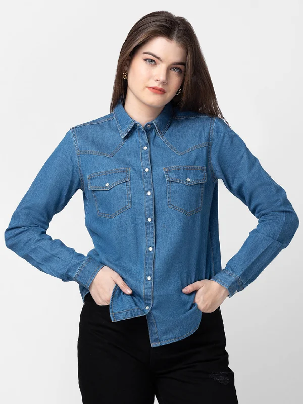 Spykar Women Mid Blue Cotton Slim Fit Denim Shirts Elegant High-Low Short Shirt