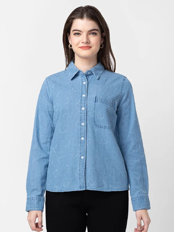 Spykar Women Light Blue Cotton Slim Fit Denim Shirts Classic Short Sleeve Tunic