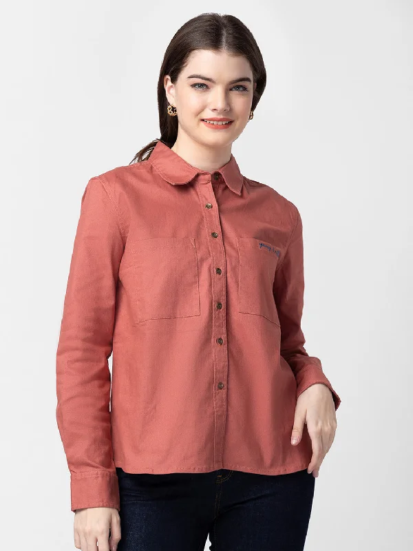 Spykar Women Brick Red Cotton Slim Fit Plain Shirts Elegant Off-Shoulder Short Shirt