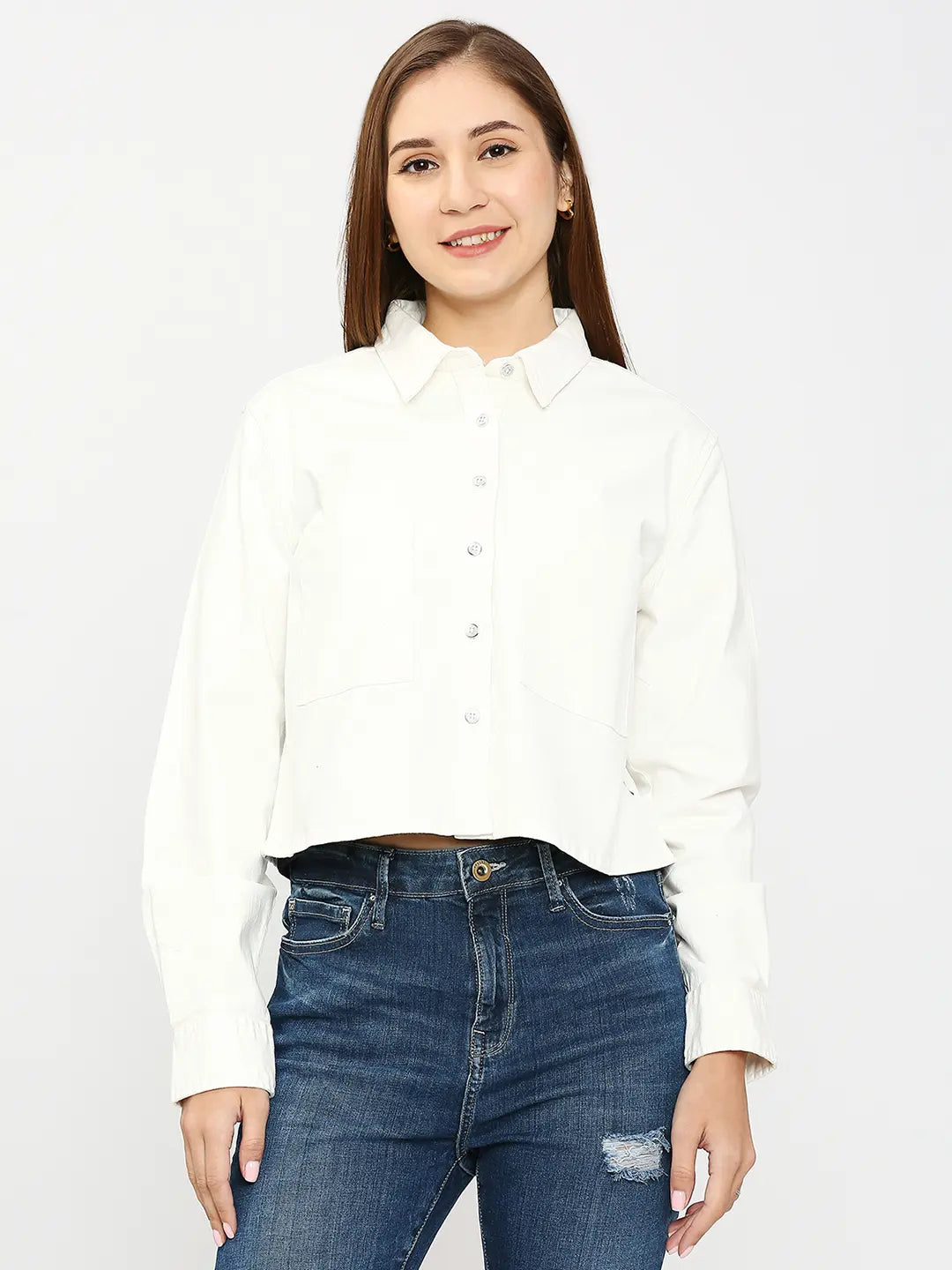 Spykar Women Off White Cotton Slim Fit Plain Crop Shirts Soft Flowing Short Shirt