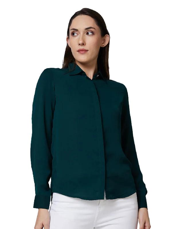 Spykar Green Solid Shirt For Women Trendy Short Sleeve Blouse