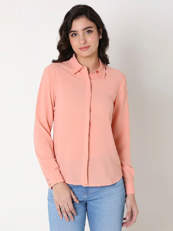 Spykar Women Coral Long Sleeves Shirt Elegant High-Low Short Shirt