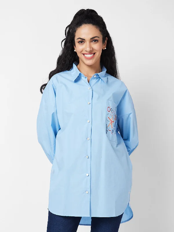 Spykar Blue Solid Shirt For Women Classic Short Sleeve Blouse