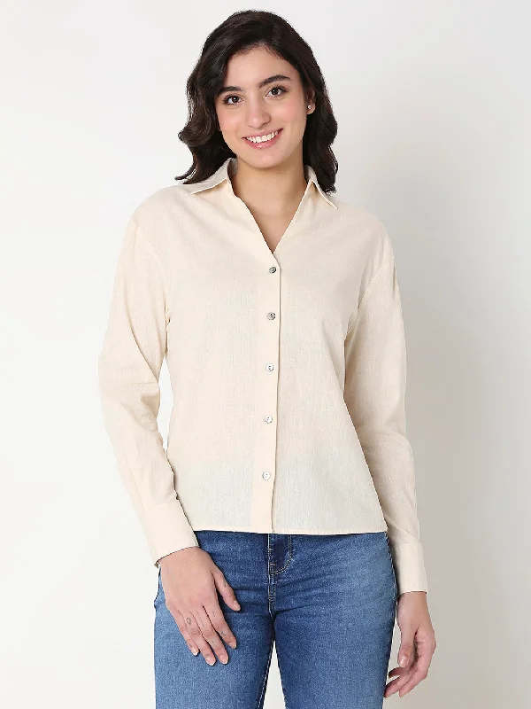 Spykar Women Beige Full Sleeves V-Neck Shirt Casual Oversized Short Shirt