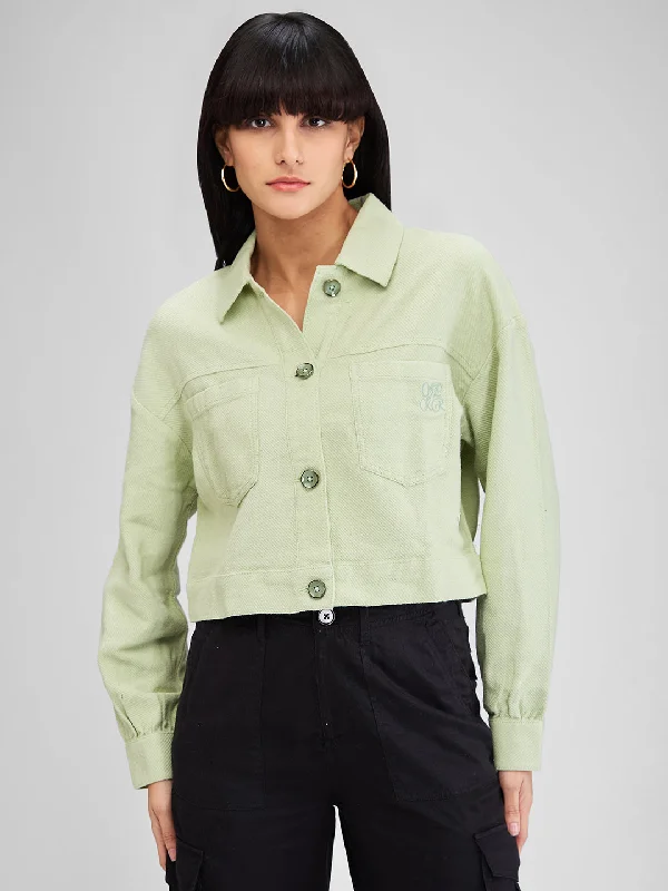 Spykar Green Boxy Fit Solid Full Sleeves Shirt For Women Casual Button-Down Short Shirt