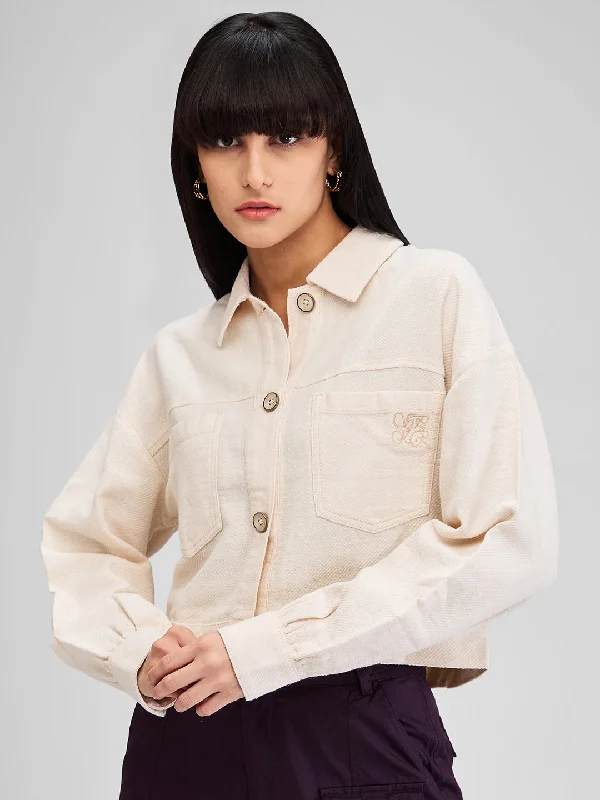 Spykar White Boxy Fit Solid Full Sleeves Shirt For Women Casual Cotton Short Shirt