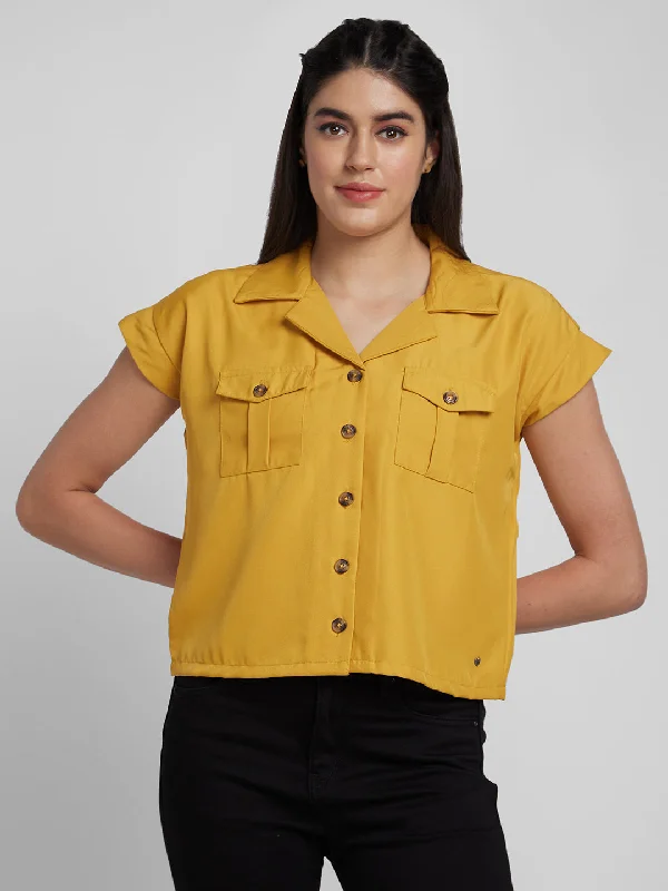 Spykar Women Ochre Yellow Cotton Slim Fit Cap Sleeve Denim Shirts Classic Solid Short Shirt