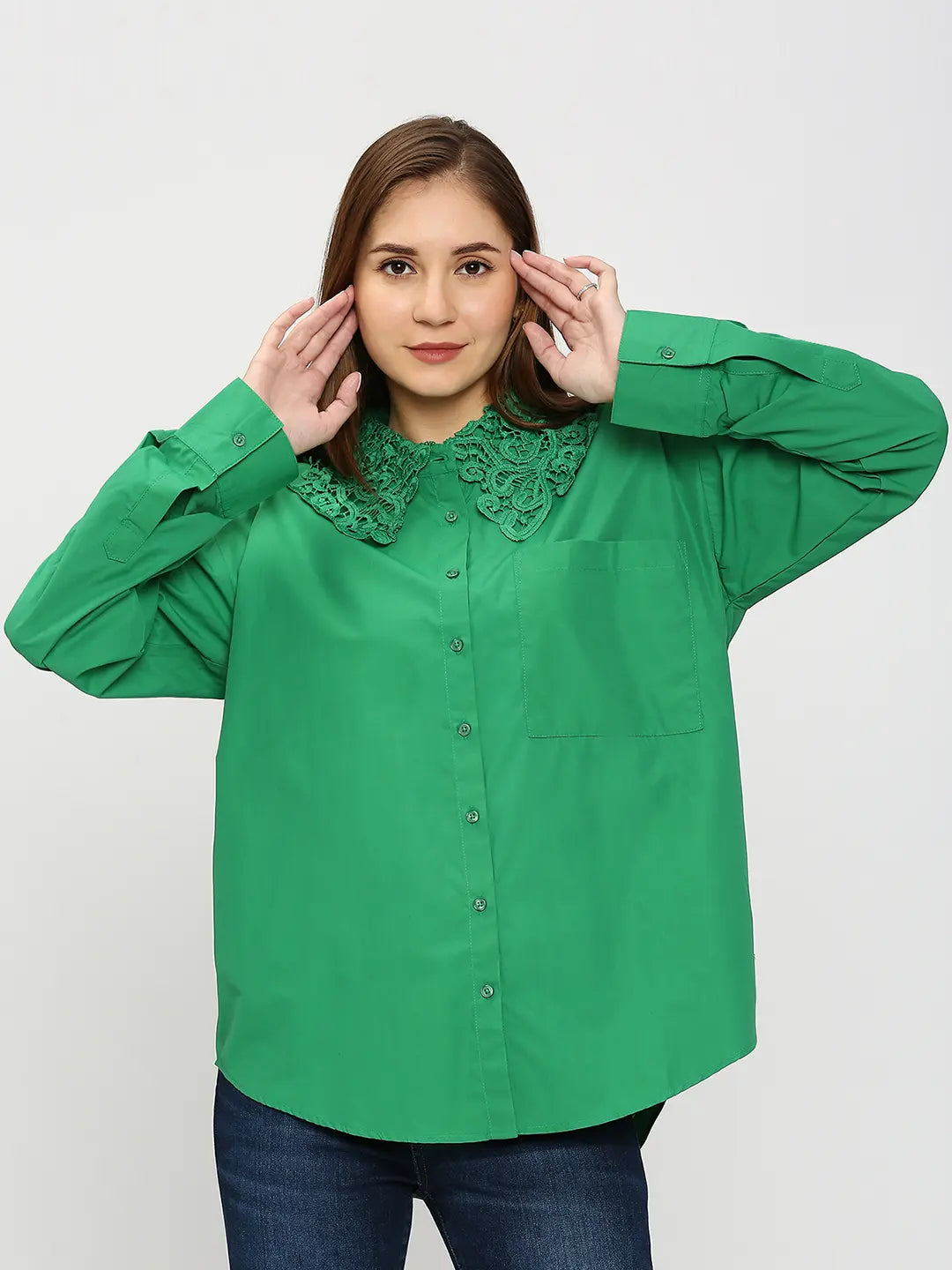 Spykar Women Green Regular Fit Cotton Plain Loose Shirts Comfortable Knit Short Shirt