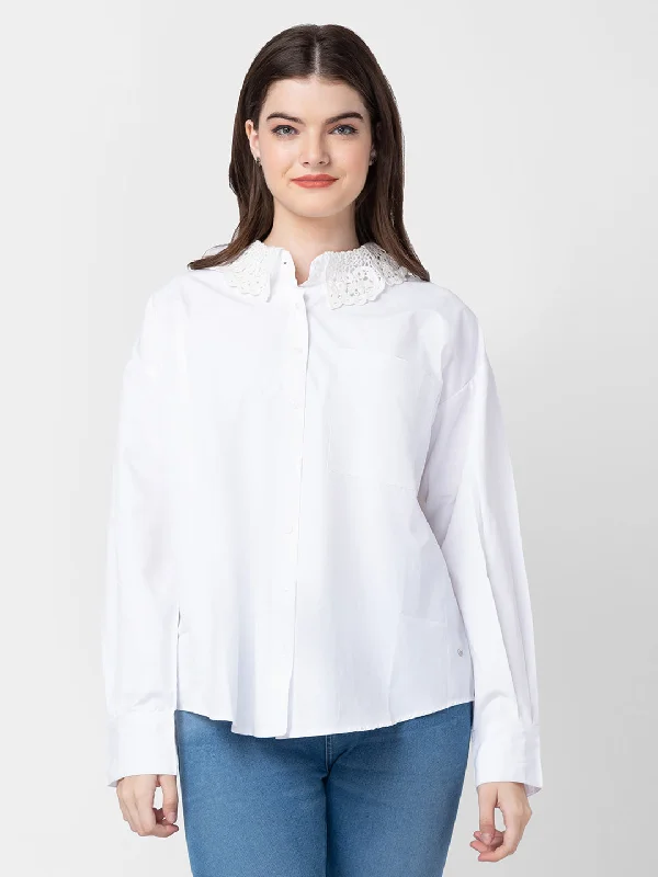 Spykar Women White Cotton Regular Fit Plain Shirts Fashionable Button-Front Short Sleeve