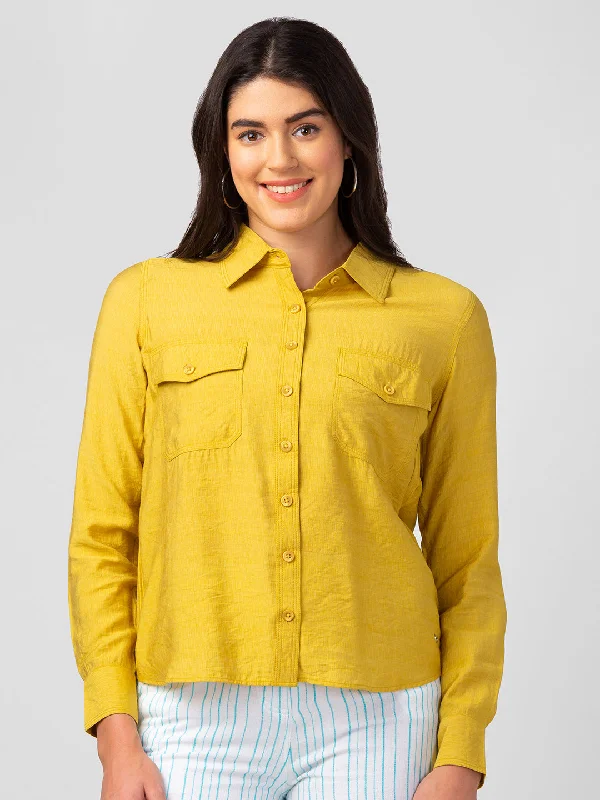 Spykar Women Mustard Polyester Regular Fit Plain Shirts Relaxed Fit Short Blouse