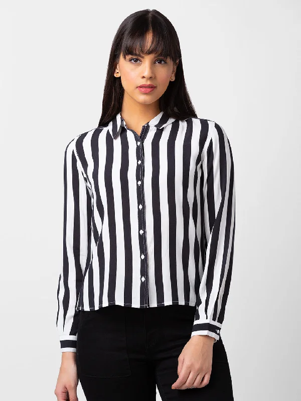 Spykar Women Black Reyon Regular Fit Striped Shirts Relaxed Cotton Short Shirt