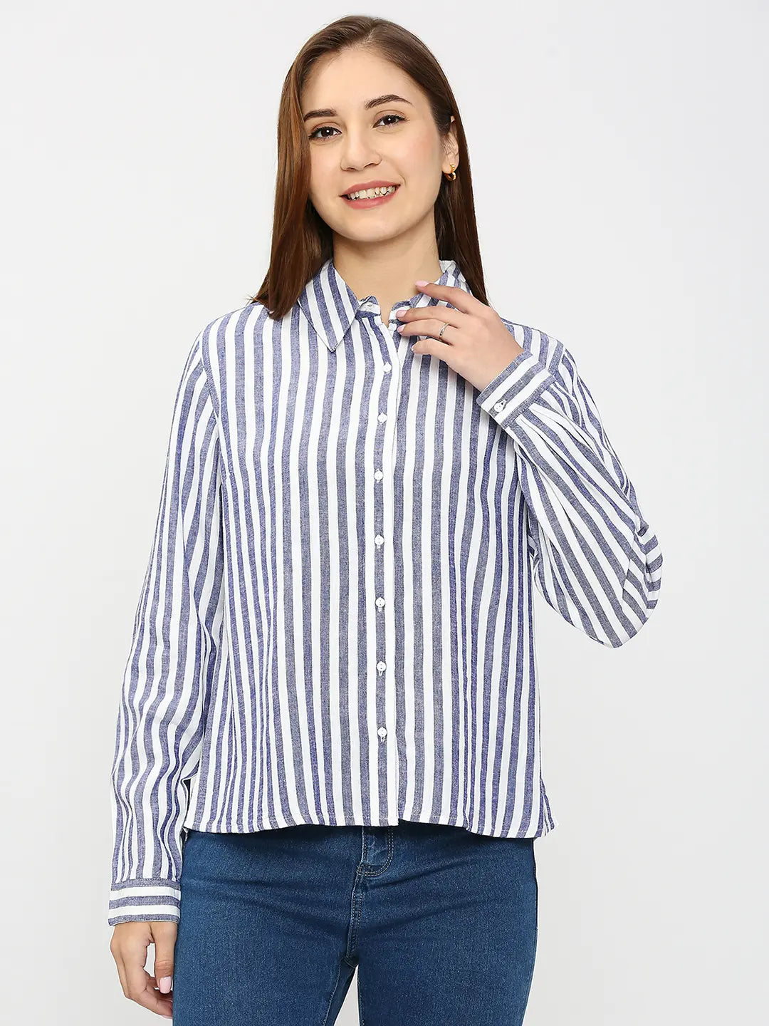 Spykar Women Blue Cotton Regular Fit Striped Shirts Soft Cotton Short Shirt