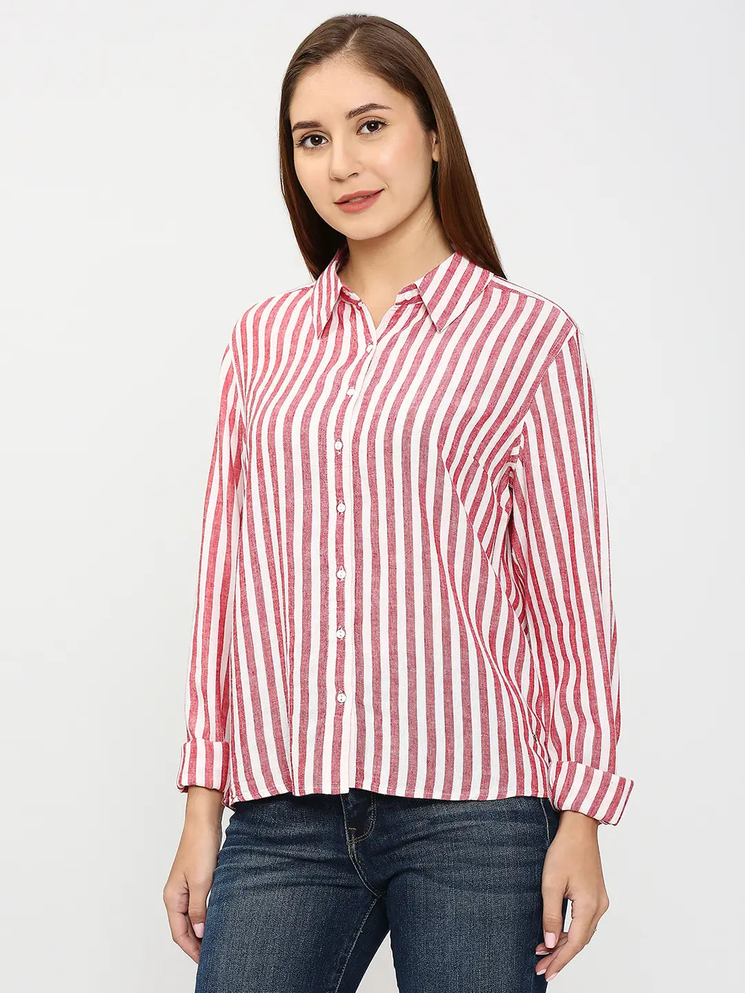 Spykar Women Red Cotton Regular Fit Striped Shirts Classic Casual Short Sleeve