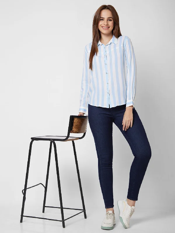 Spykar Full Sleeve Striped Blue Shirt For Women Stylish Split-Hem Short Shirt